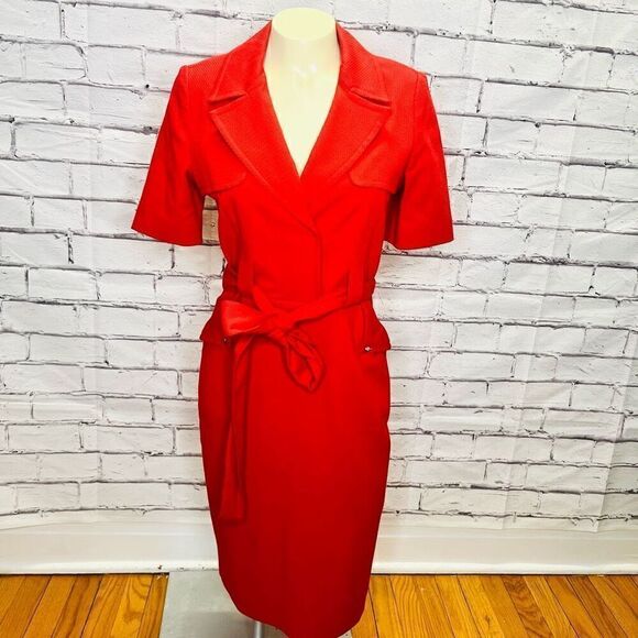 Badgley Mischka Red Short Sleeve Belted Loop Tie Waist Day Midi Dress Size 2 - Picture 1 of 10